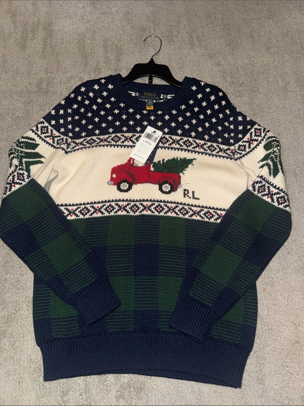 Polo by Ralph Lauren Navy, Green & Cream Holiday Truck Crewneck Sweater